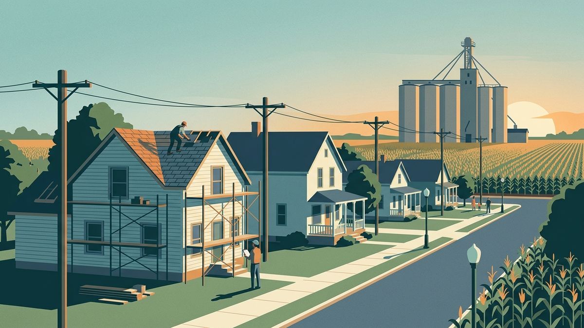 Illustration of a home renovation on a Iowa street